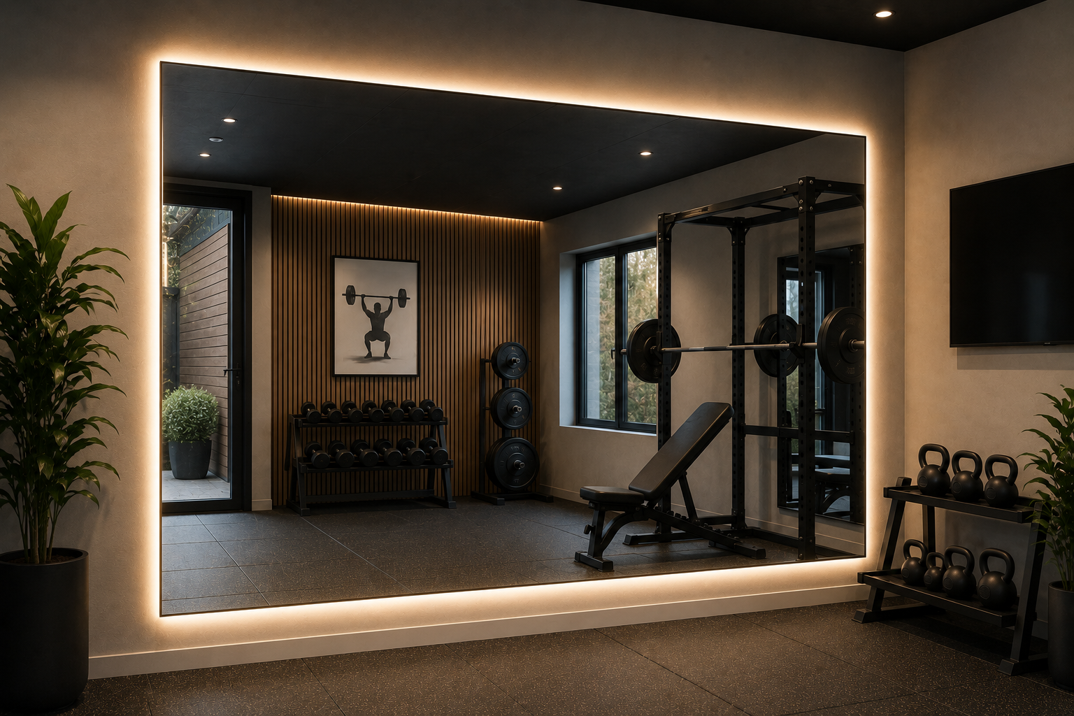 Stort speil til treningsrom montert på vegg i moderne hjemmegym